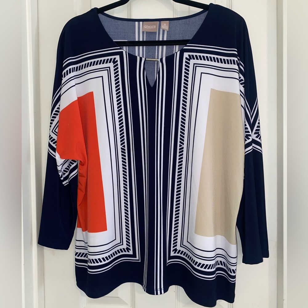 Chico's Bold Geometric Blouse - Navy, Red, and Beige‎
